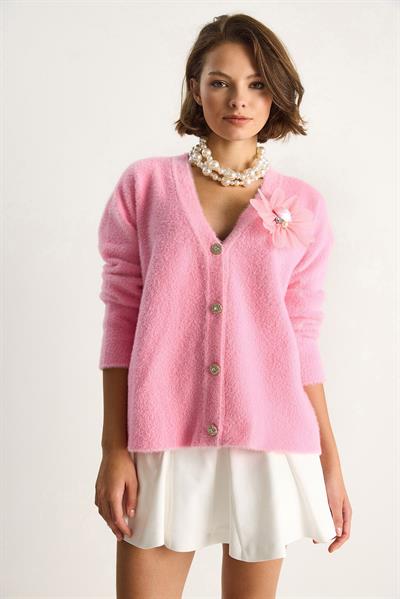 Kadın V Yaka Düğmeli Çiçek Aksesuarlı Yumuşak Dokulu Hırka 25301 60284081 - Pembe