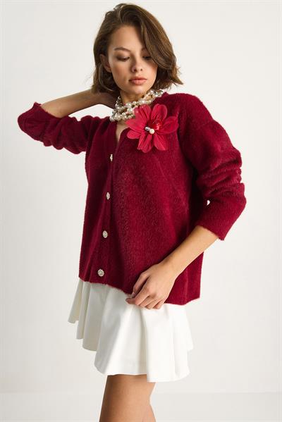 Kadın V Yaka Düğmeli Çiçek Aksesuarlı Yumuşak Dokulu Hırka 25301 60284081 - Bordo
