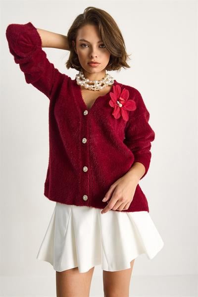 Kadın V Yaka Düğmeli Çiçek Aksesuarlı Yumuşak Dokulu Hırka 25301 60284081 - Bordo
