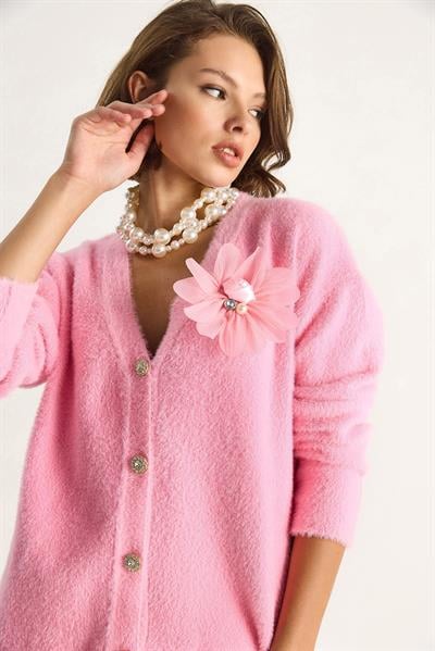 Kadın V Yaka Düğmeli Çiçek Aksesuarlı Yumuşak Dokulu Hırka 25301 60284081 - Pembe