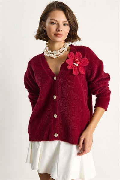 Kadın V Yaka Düğmeli Çiçek Aksesuarlı Yumuşak Dokulu Hırka 25301 60284081 - Bordo