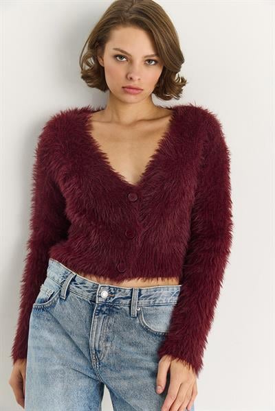 Kadın V Yaka Düğmeli Yumoş Sakallı Triko Hırka 9034 60283565 - Bordo