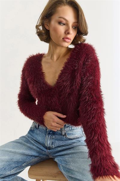 Kadın V Yaka Düğmeli Yumoş Sakallı Triko Hırka 9034 60283565 - Bordo