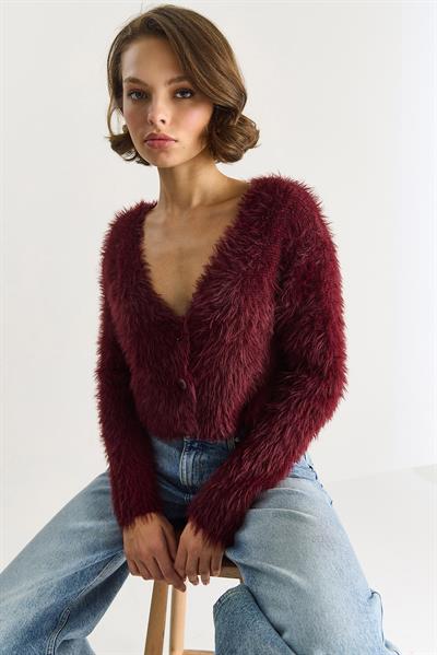 Kadın V Yaka Düğmeli Yumoş Sakallı Triko Hırka 9034 60283565 - Bordo