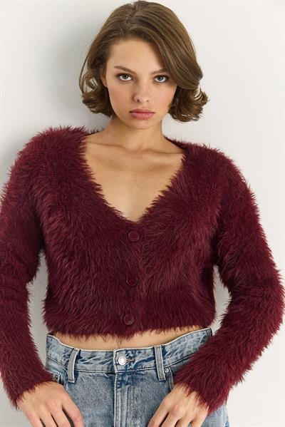 Kadın V Yaka Düğmeli Yumoş Sakallı Triko Hırka 9034 60283565 - Bordo