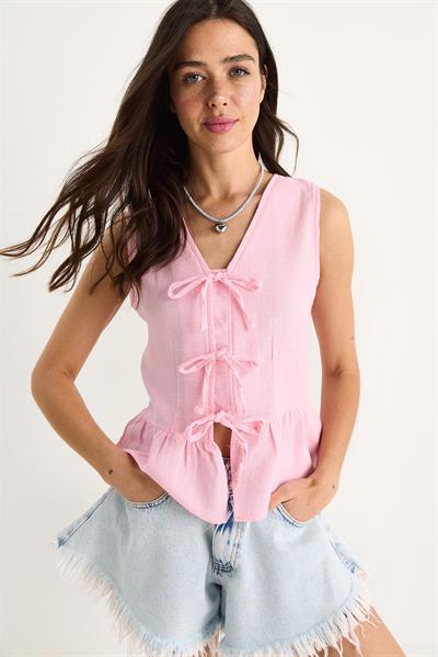 Kadın V Yaka Fiyonk Detaylı Müslin Peplum Bluz G28-4883 60283356 - Pembe