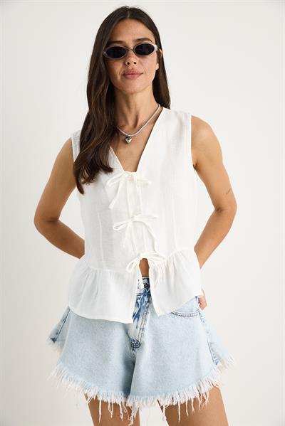 Kadın V Yaka Fiyonk Detaylı Müslin Peplum Bluz G28-4883 60283356 - Beyaz