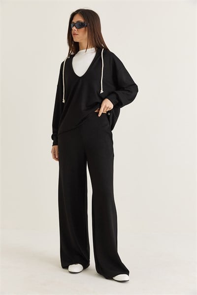 Kadın V Yaka Kapüşonlu Oversize Sweatshirt Atlet Wide Leg Pantolon 3lü Takım 4229 60286661 - Siyah