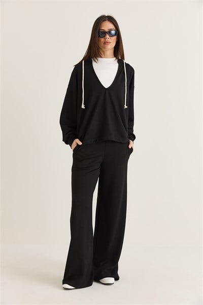 Kadın V Yaka Kapüşonlu Oversize Sweatshirt Atlet Wide Leg Pantolon 3lü Takım 4229 60286661 - Siyah