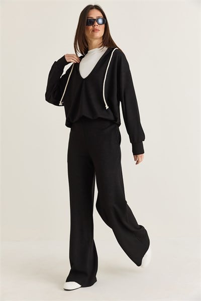 Kadın V Yaka Kapüşonlu Oversize Sweatshirt Atlet Wide Leg Pantolon 3lü Takım 4229 60286661 - Siyah