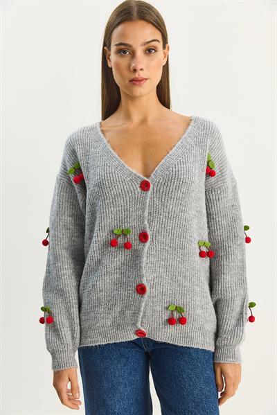 Kadın V Yaka Kiraz Aksesuarlı Triko Hırka 60283662 - Gri