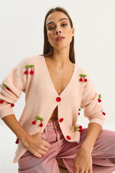 Kadın V Yaka Kiraz Aksesuarlı Triko Hırka 60283662 - Açık Pudra