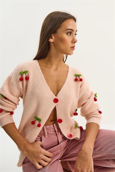 Kadın V Yaka Kiraz Aksesuarlı Triko Hırka 60283662 - Açık Pudra