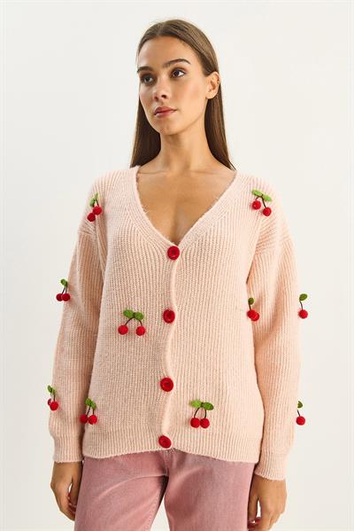 Kadın V Yaka Kiraz Aksesuarlı Triko Hırka 60283662 - Açık Pudra