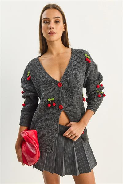 Kadın V Yaka Kiraz Aksesuarlı Triko Hırka 60283662 - Antrasit