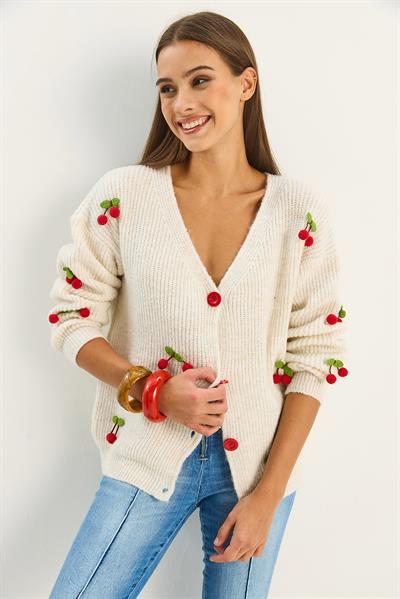 Kadın V Yaka Kiraz Aksesuarlı Triko Hırka 60283662 - Ekru