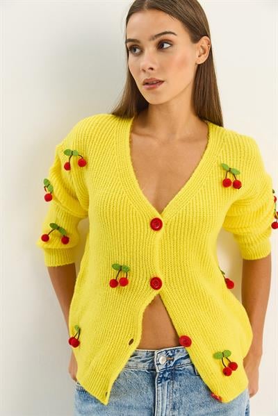 Kadın V Yaka Kiraz Aksesuarlı Triko Hırka 60283662 - Sarı