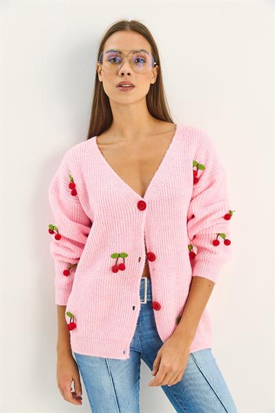 Kadın V Yaka Kiraz Aksesuarlı Triko Hırka 60283662 - Şeker Pembe