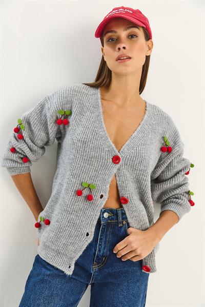 Kadın V Yaka Kiraz Aksesuarlı Triko Hırka 60283662 - Gri