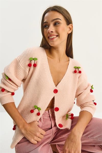 Kadın V Yaka Kiraz Aksesuarlı Triko Hırka 60283662 - Açık Pudra