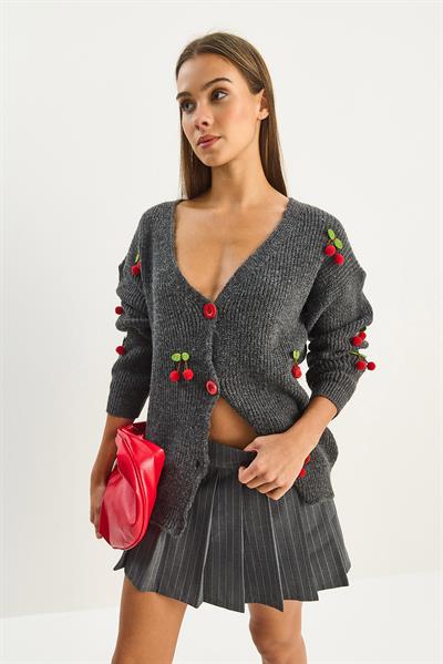 Kadın V Yaka Kiraz Aksesuarlı Triko Hırka 60283662 - Antrasit