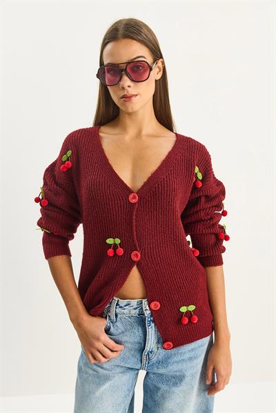 Kadın V Yaka Kiraz Aksesuarlı Triko Hırka 60283662 - Bordo
