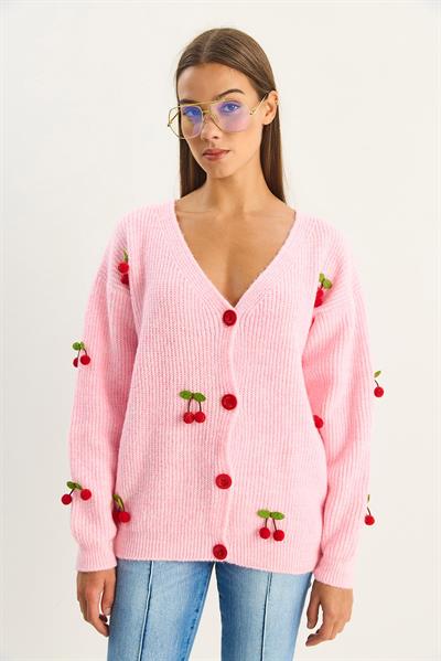Kadın V Yaka Kiraz Aksesuarlı Triko Hırka 60283662 - Şeker Pembe