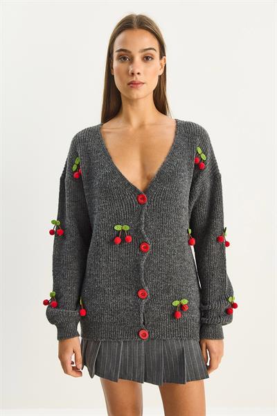 Kadın V Yaka Kiraz Aksesuarlı Triko Hırka 60283662 - Antrasit