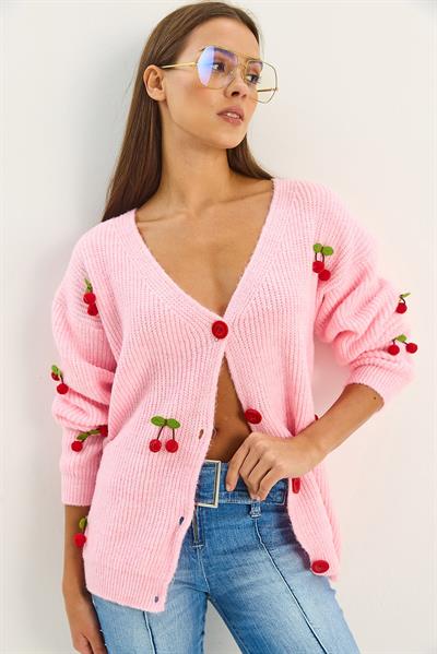 Kadın V Yaka Kiraz Aksesuarlı Triko Hırka 60283662 - Şeker Pembe