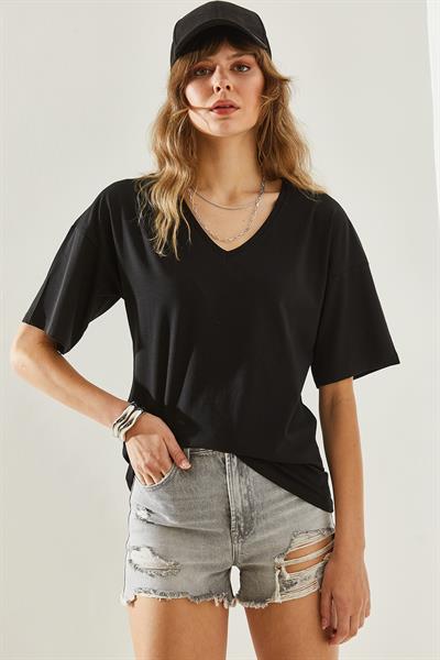 Kadın V Yaka Kısa Kollu Basic T-Shirt 60251204 - Siyah