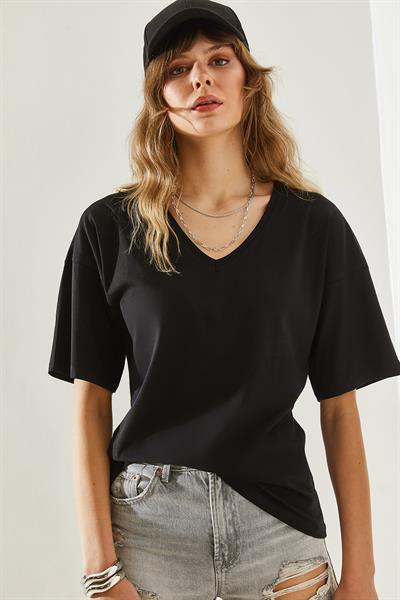 Kadın V Yaka Kısa Kollu Basic T-Shirt 60251204 - Siyah
