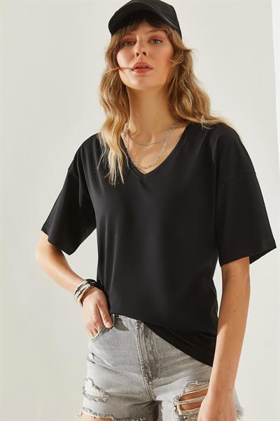 Kadın V Yaka Kısa Kollu Basic T-Shirt 60251204 - Siyah