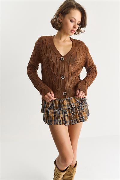 Kadın V Yaka Örgü Desenli Düğmeli Hırka TH251031 60283569 - Sütlü Kahve