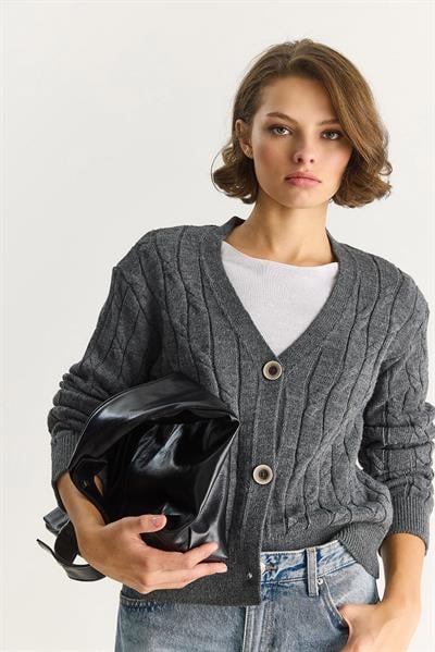 Kadın V Yaka Örgü Desenli Düğmeli Hırka TH251031 60283569 - Antrasit