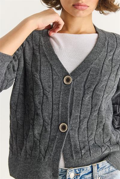 Kadın V Yaka Örgü Desenli Düğmeli Hırka TH251031 60283569 - Antrasit