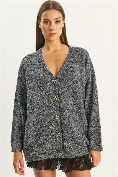 Kadın V Yaka Oversize Buklet Carmen Triko Hırka 2433 60283679 - Siyah