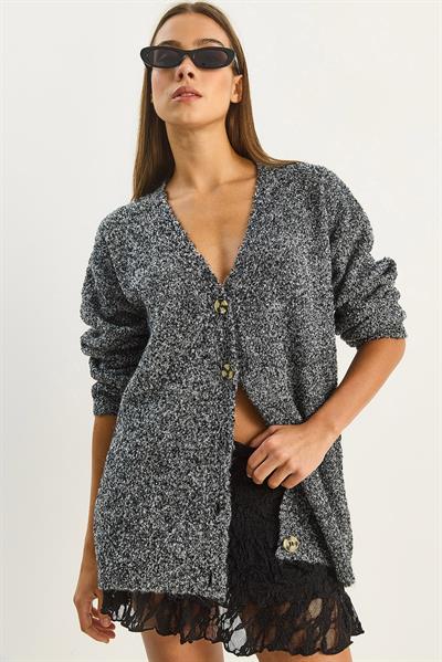 Kadın V Yaka Oversize Buklet Carmen Triko Hırka 2433 60283679 - Siyah