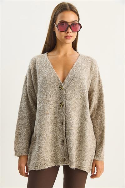Kadın V Yaka Oversize Buklet Carmen Triko Hırka 2433 60283679 - Bej