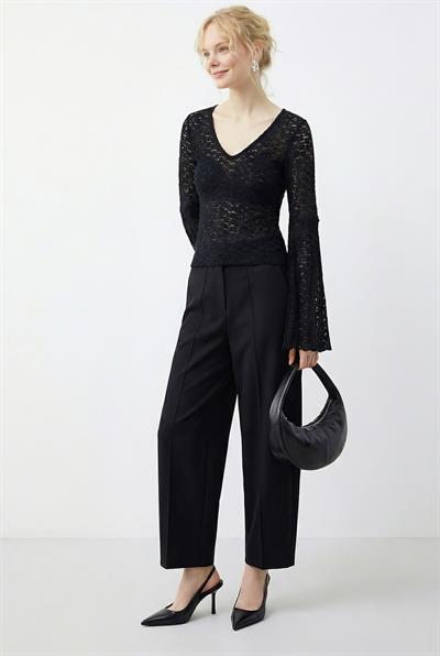 Kadın V Yaka Pile Detaylı İspanyol Kol Transparan Dantel Bluz 1051 60283938 - Siyah