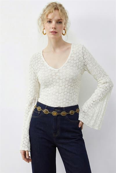 Kadın V Yaka Pile Detaylı İspanyol Kol Transparan Dantel Bluz 1051 60283938 - Beyaz