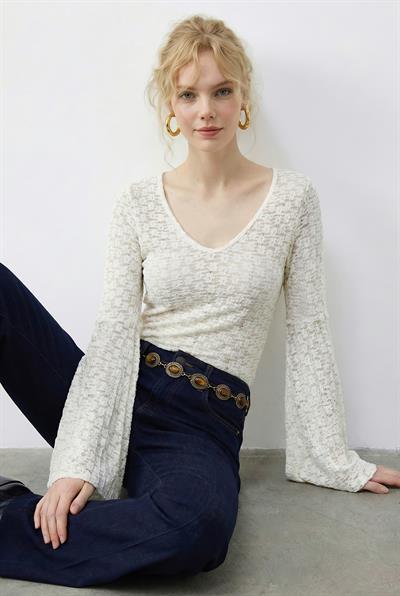 Kadın V Yaka Pile Detaylı İspanyol Kol Transparan Dantel Bluz 1051 60283938 - Beyaz