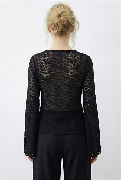 Kadın V Yaka Pile Detaylı İspanyol Kol Transparan Dantel Bluz 1051 60283938 - Siyah