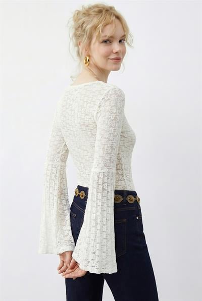 Kadın V Yaka Pile Detaylı İspanyol Kol Transparan Dantel Bluz 1051 60283938 - Beyaz BLUZ modelleri