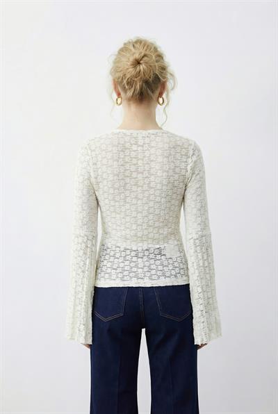 Kadın V Yaka Pile Detaylı İspanyol Kol Transparan Dantel Bluz 1051 60283938 - Beyaz