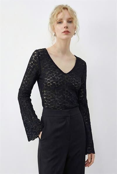 Kadın V Yaka Pile Detaylı İspanyol Kol Transparan Dantel Bluz 1051 60283938 - Siyah