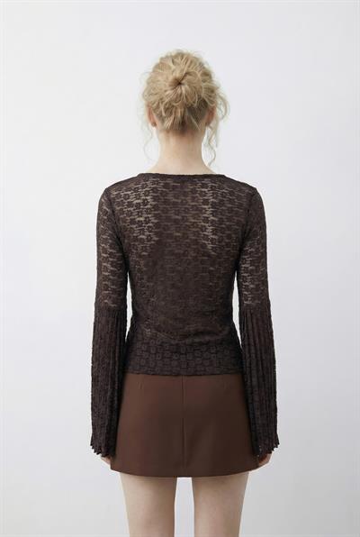 Kadın V Yaka Pile Detaylı İspanyol Kol Transparan Dantel Bluz 1051 60283938 - Kahverengi