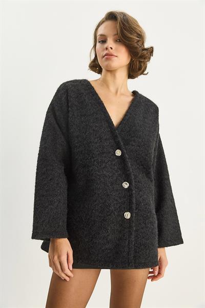 Kadın V Yaka Şık Asimetrik Düğmeli Kırçıllı Kaşe Hırka 55000 60283567 - Siyah