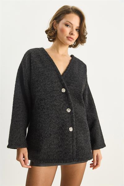 Kadın V Yaka Şık Asimetrik Düğmeli Kırçıllı Kaşe Hırka 55000 60283567 - Siyah