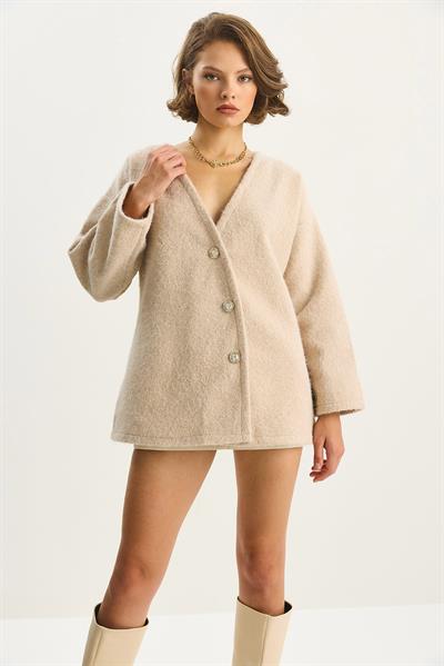 Kadın V Yaka Şık Asimetrik Düğmeli Kırçıllı Kaşe Hırka 55000 60283567 - Ekru