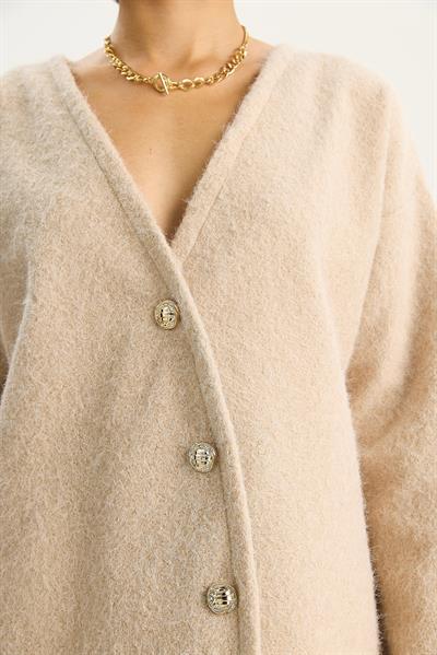 Kadın V Yaka Şık Asimetrik Düğmeli Kırçıllı Kaşe Hırka 55000 60283567 - Ekru